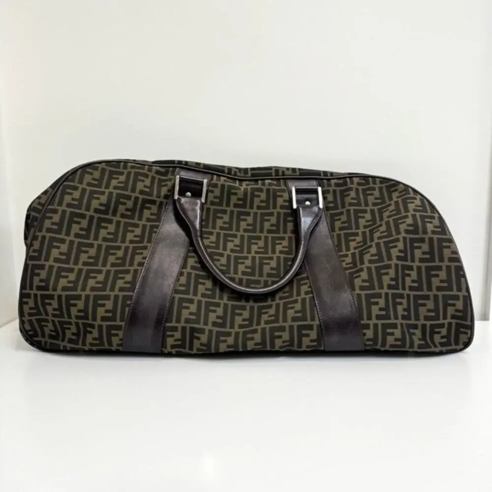 FENDI Large Brown Zucca Canvas Duffle Bag Monogram Leather Travel Luggage FF